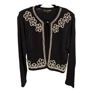 St. John Basics Black Cardigan with Pearl Floral Trim GUC Flaw Sz 12